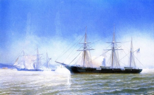 The Confederate Raider Alabama in Action with the USS Kearsarge June 19 1864.jpg