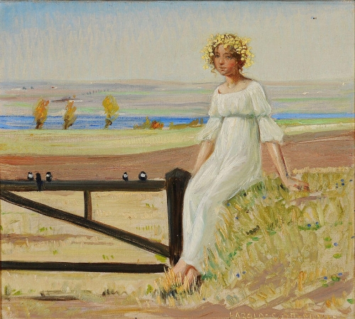Young girl with flowers in her hair sitting on a fence.jpg