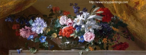 Flowers in a glass vase on a marble ledge.jpg